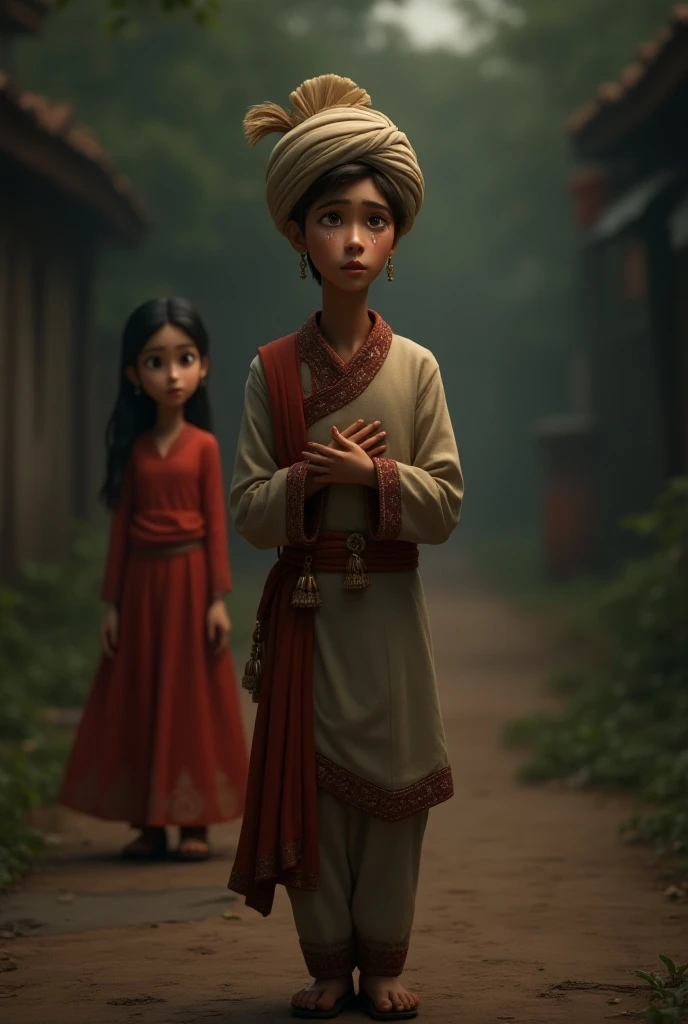 
A 3D Pixar-style realistic scene showing the young man, now with tears in his eyes, wearing his traditional dress and turban, walking along a dimly lit path, symbolizing heartbreak. He holds his hand near his heart, conveying deep emotions. The young woma...