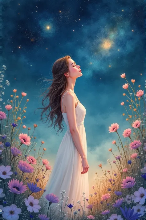 watercolor, Woman Between Stars and Flowers 