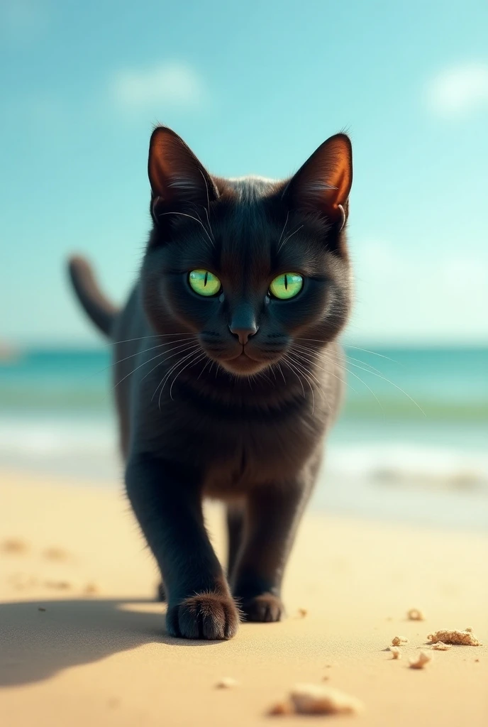 Create a furry cat,  green-eyed, black in color, walking on the beach 