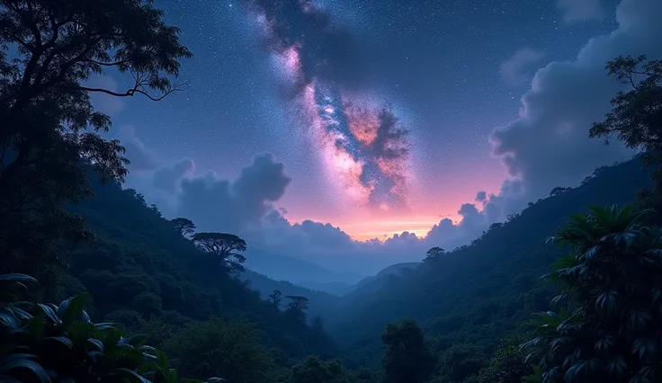 23. रात के आसमान का दृश्य
A star-filled night sky, with the Milky Way clearly visible above the jungle.
Keywords: Hyper-realistic, ultra HDR, cinematic lighting, vibrant starry sky.