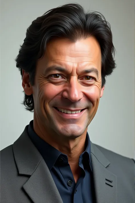 Create a Hyper_realestic image of Imran Khan,  he have hunter eyes and hollow cheeks and slim nose oblong face and sharp jawline wearing grey blazzer,he is smiling 