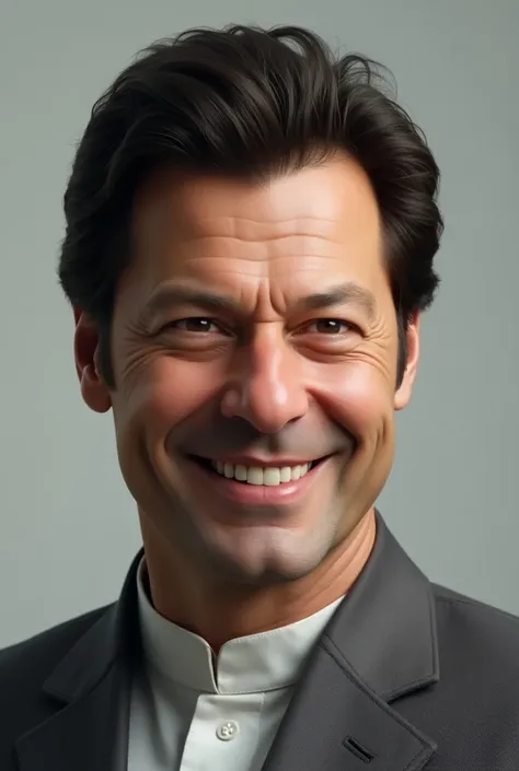 Create a Hyper_realestic image of Imran Khan,  he have hunter eyes and hollow cheeks and slim nose oblong face and sharp jawline wearing grey blazzer,he is smiling 