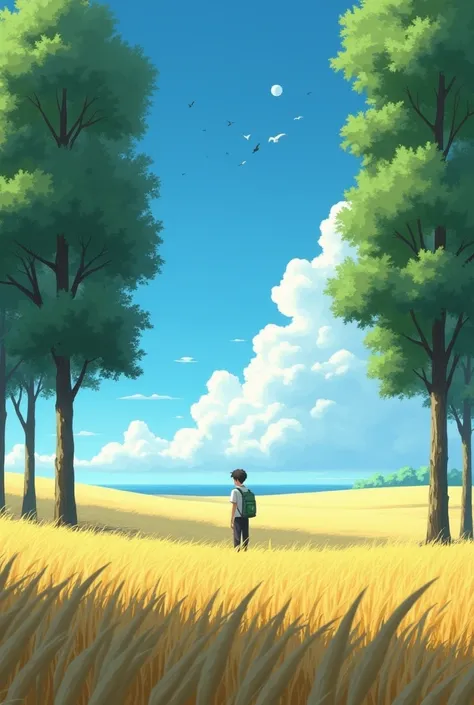  Studio Ghibli art with a man standing far in the middle of an isolated wheat field ...  in、, there are no villages nearby 、There are trees in the foreground 々もウィートinす 
素敵な芸術的in晴れた日の雲、Blue Sky、 shade and shadows, nice people hallucinate, and 、誰かが彼を呼んinいるのを...