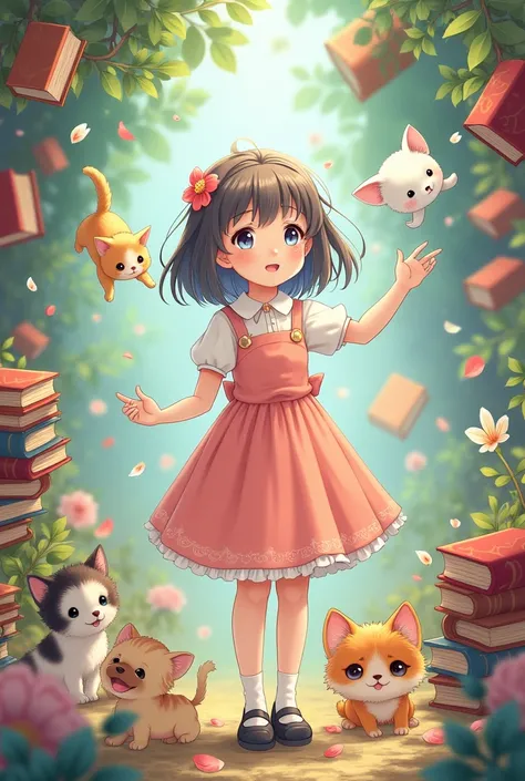 Anime girl surrounded by magic books, puppies, Cat and Flowers 