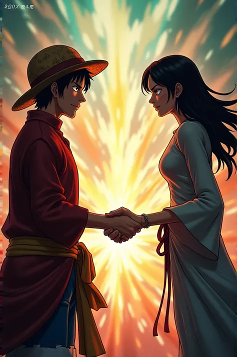 Luffy and female gojo are handshaking 