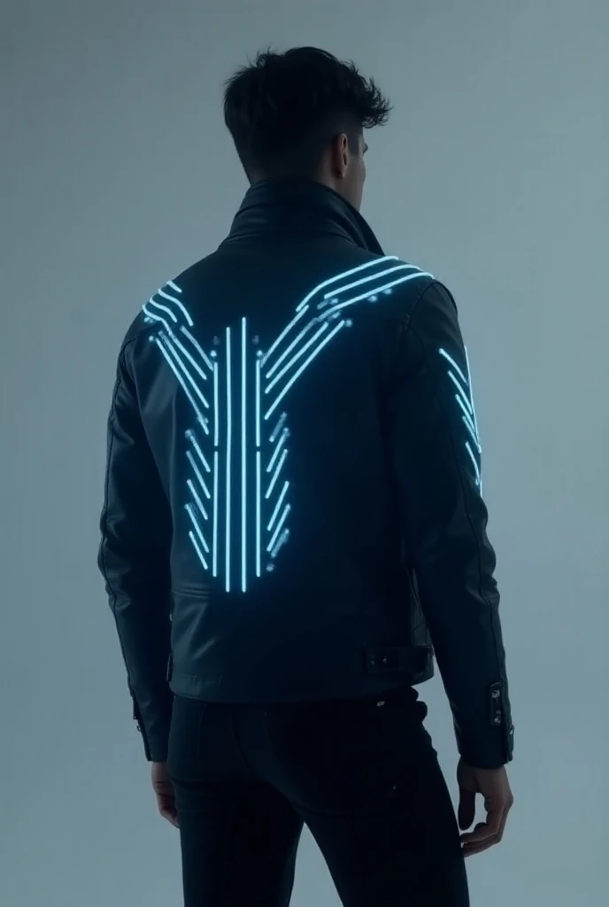 motorcycle jacket with blue LED lights, alone, on a grey background