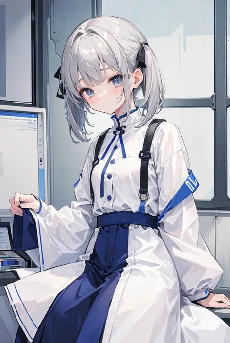 Sleepy girl、Gray Hair、White clothes、 half twin tails 、 short hair
