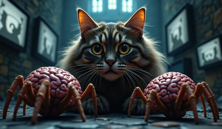 adult scared tabby cat with long dark brown fur, proeminent exorbited eyes expressing fear, eyes opened ultra wide,surrounded by brains with spider legs, (best quality,4k,8k,highres,masterpiece:1.2),ultra-detailed,(realistic,photorealistic,photo-realistic:...