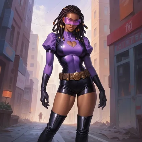  masterpiece ,  best quality ,  ultra high resolution , realistic leather texture,  an African-American girl , dreadlocks, belt, Alone, long hair, purple eyes, breasts,  looking at the viewer , purple hair,  black gloves,  black socks, Visor on the eyes pu...