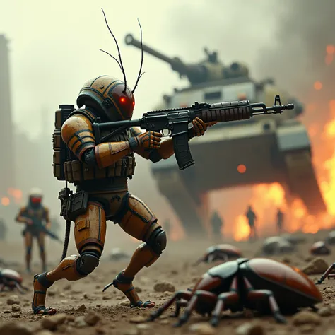 Fotoreal ,HD, ((A dangerous cockroach  in soldiers uniform with ak47 gun,Modern armor,a cockroach in high-tech armor and a machine gun in its paws )) shoots into the frame , (, the s of dead cockroaches in the same armor are lying around), war, ruin,explos...