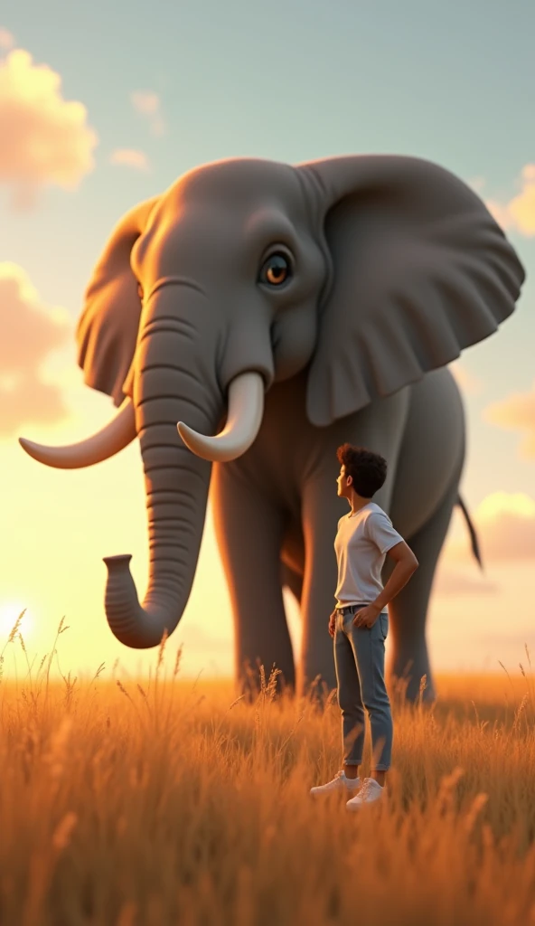 AI Image Prompt: Create a Disney Pixar style wide shot of a person standing in front of the elephant, looking up at it with a look of realization. The person is dressed in casual modern clothes, with a thoughtful expression, symbolizing the human struggle ...