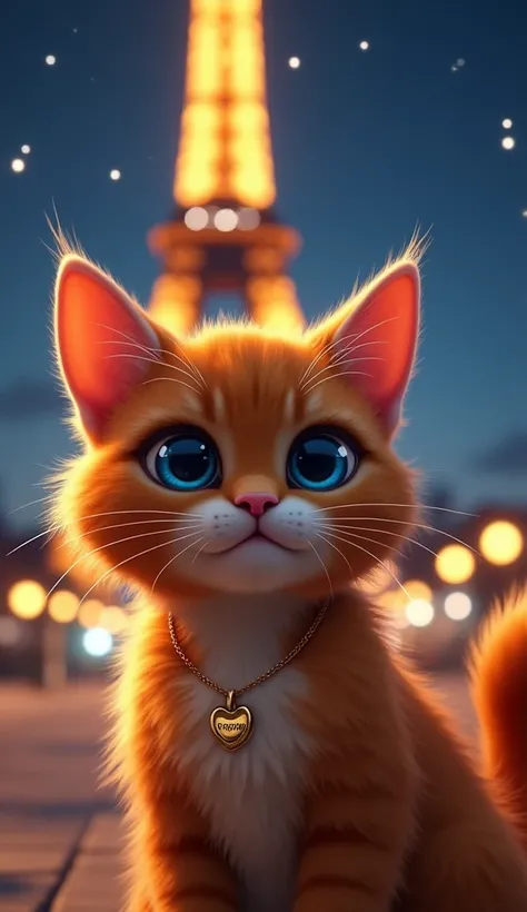 "A hyper-realistic image of an orange cat named Kitty Musale taking a selfie at the Eiffel Tower at night. The cat has striking blue eyes and is wearing a small, gold locket engraved with the name Kitty Musale around her neck. The Eiffel Tower is beautiful...