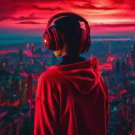 tower focus, a big iron tower, 1girl, (detail glowing red eyes:1.5), Silver bob Cut, Standing at the top of the tower, solo, headphones, hoodie, green theme, low saturation, darkness, abstract background, (looking the view:1.5), from below, silhouette, Sur...