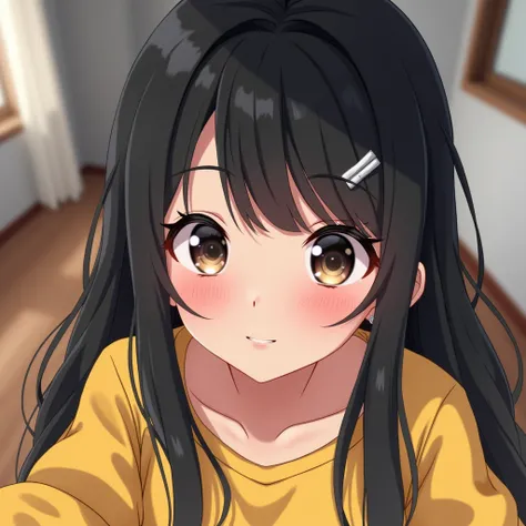 1girl, Looking at viewer, Blunt Bangs, Black Hair, Sidelocks, Long Hair, earings,Light Smile, POV, Close-Up, Wide-Angle, Hair Clip, Optical Illusion, Anime Style, C4D, UHD, Super Detailed, Masterpiece, dressed in a yellow sweatshirt 