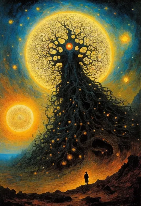 Mythical creatures, author： Dzislaw Beksinski and Vincent van Gogh、universe、Azathoth、 black hole swallowing stars、world tree