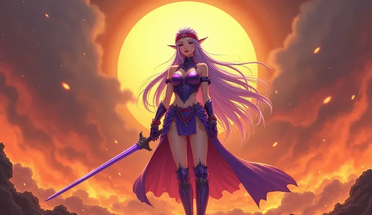         masterpiece        ,best quality,height,  Great battlefield atmosphere, blazing flames   ,, The yellow moon shines down,  16k,Yuki (star),   big breasts,Pointed ears,Light purple long hair,Ahogge,red headband,       Leonard       ,      Purple Open...