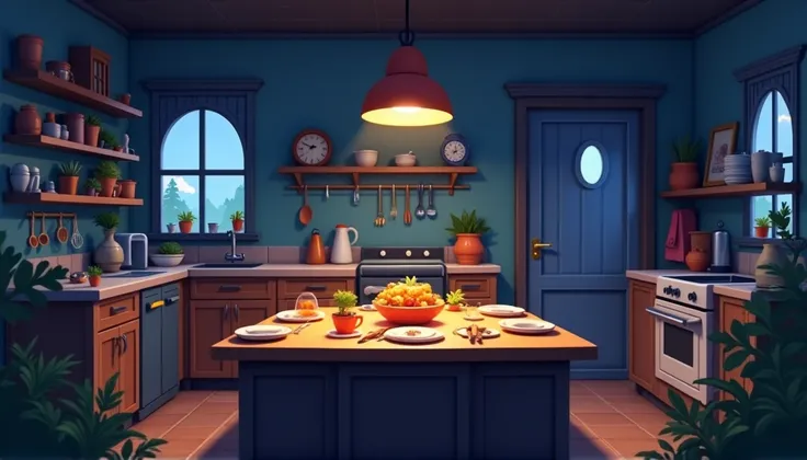 animation style . a central table, And in the background that this is a kitchen at night 
