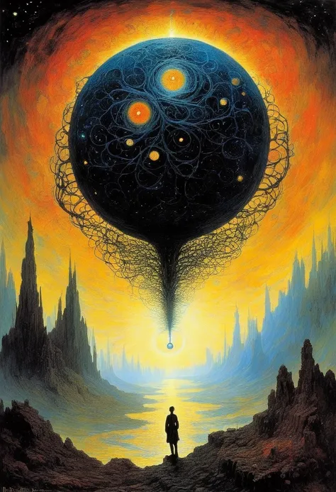 Mythical creatures, author： Dzislaw Beksinski and Vincent van Gogh、universe、Azathoth、 black hole swallowing stars、world tree