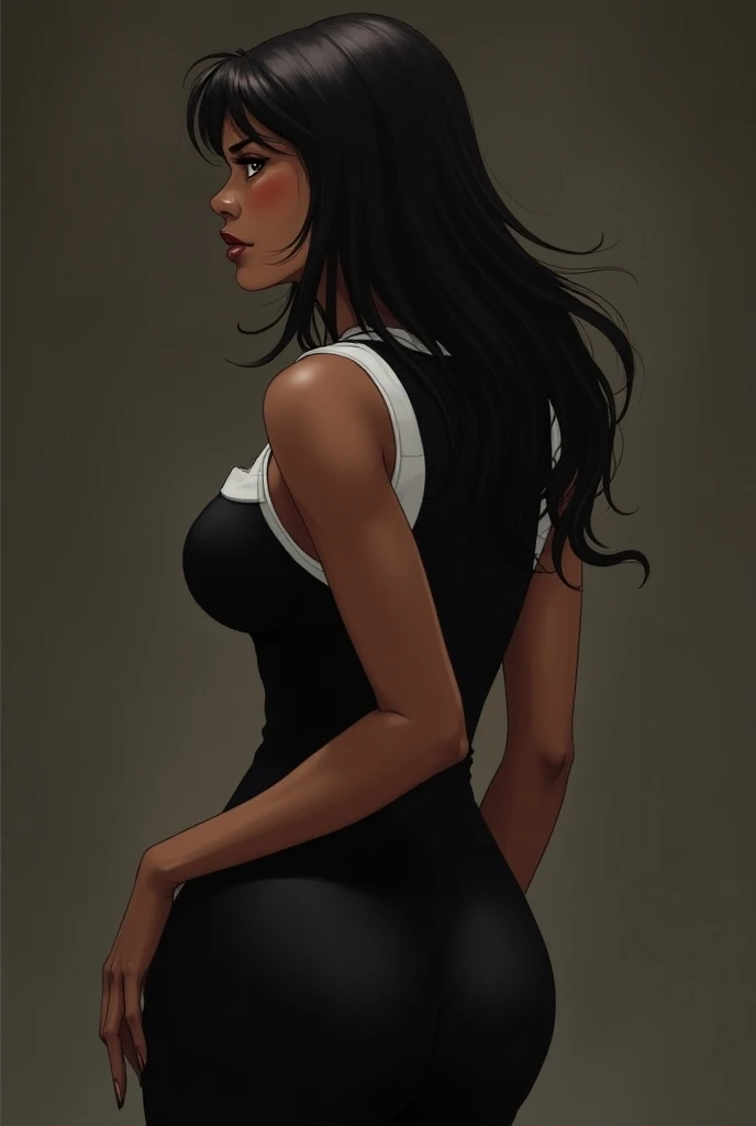 An adult black woman  ((middle age)). Long hair with bangs on this  ((black skin)).  Round breasts and a perky butt  ((thin waist)).  The woman is wearing a tight long nun dress ((Tight nun clothes)). Anime version image Seinen .  Focus more on the back of...