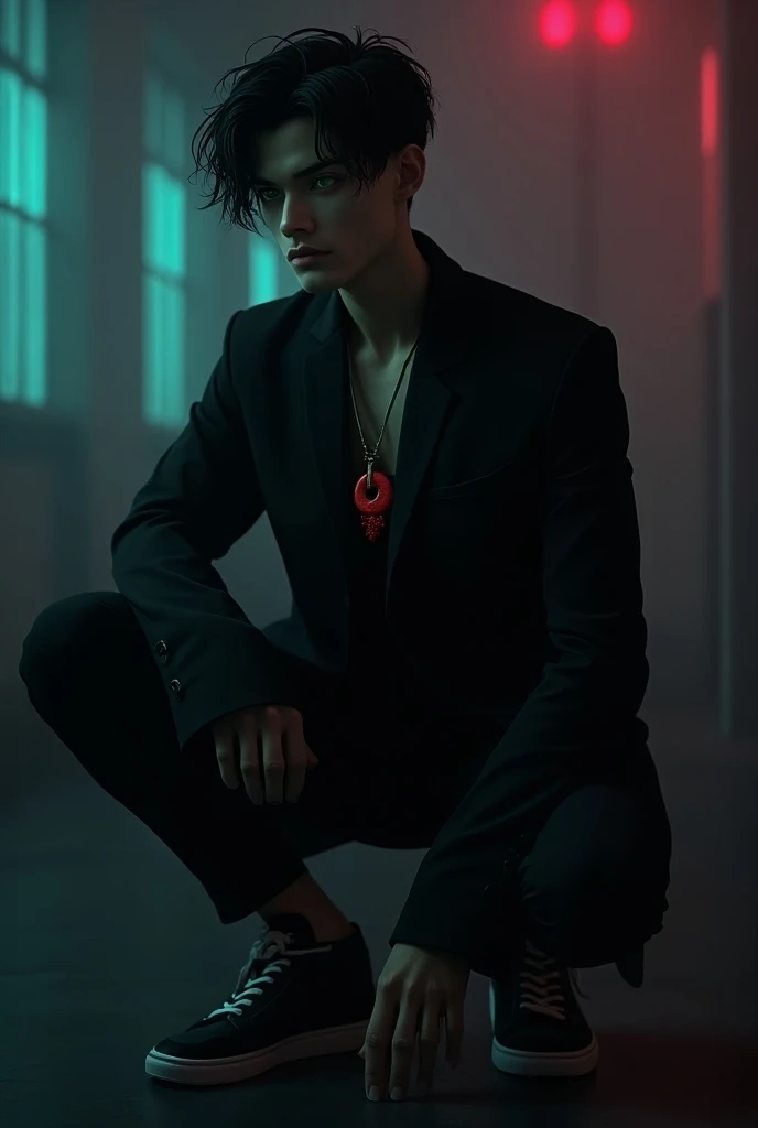  Make a fictional male character STYLE THE NETFLIX SERIES ARCANE,  black hair ,  black clothes, black tennis, green eyes, fair skin and a necklace with a red pendant around the neck  