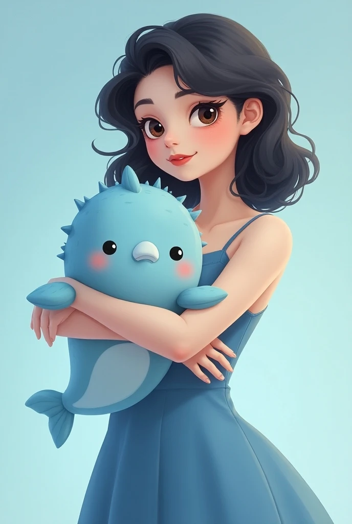 Draw a cute big girl with a short dress in blue tones and holding a teddy bear that is a baby puffer fish