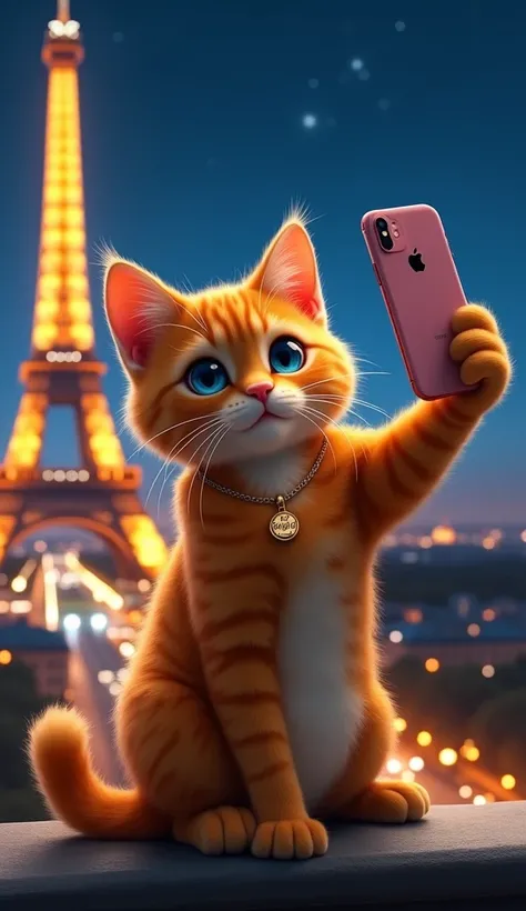 "A hyper-realistic image of an orange cat named Kitty Musale on top of the Eiffel Tower at night, taking a selfie with her own phone. The cat has striking blue eyes and is wearing a small, gold locket engraved with the name Kitty Musale around her neck. Sh...