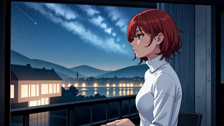 "A young woman with short, red hair sits on the edge of a balcony at night, gazing out over a quiet neighborhood illuminated by distant city lights. She is wearing a white turtleneck and jeans, with one hand casually tucked into her pocket as she sits in a...