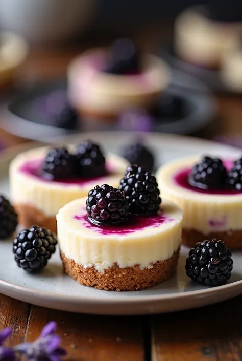 Savor the delightful combination of blackberries and lavender in these Mini Cheesecakes! Perfect for a sweet treat or a special occasion! ,  The scene should be captured in warm, inviting lighting with a slight grainy texture, reminiscent of an old camera....