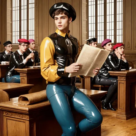 Beautiful adult college boy is wearing tight latex clothing, on his head is a beret.