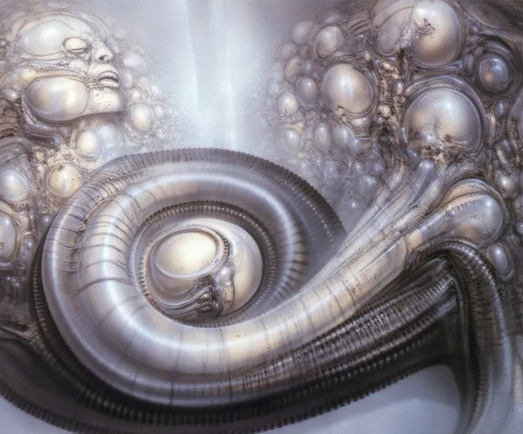 HRGGR, The image is a detailed view of H.R. Gigers biomechanical tableau " LANDSCAPE No 312 " plate, featuring ( Gigers is a fantasy-style illustration of a complex, intricate mechanical structure, resembling a futuristic city or fortress, with a central s...