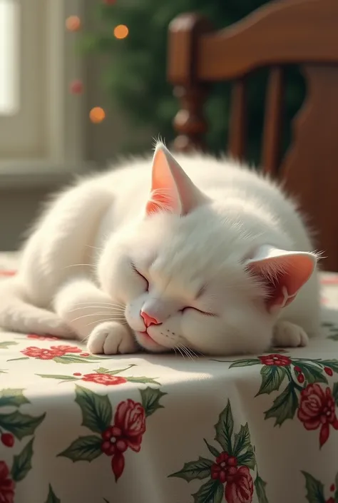 Sleeping white cat on nostalgic Christmas tablecloth 