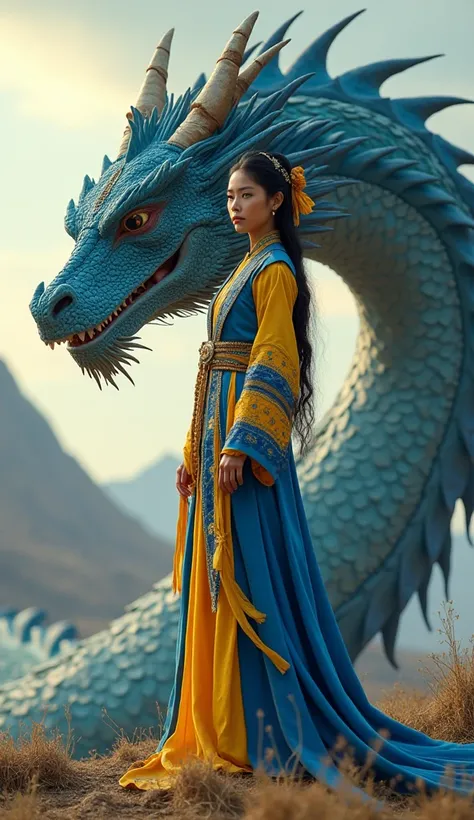 Describe a stunning woman, who is a Mongolian mother to a majestic dragon. She stands tall, wearing a vibrant blue and yellow dress that highlights her beauty. By her side stands a colossal, bright yellow and blue dragon, complementing her elegant attire. ...