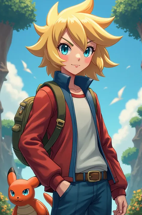 A character from the Pokémon universe with blond hair and blue eyes accompanied by a tortipuss 