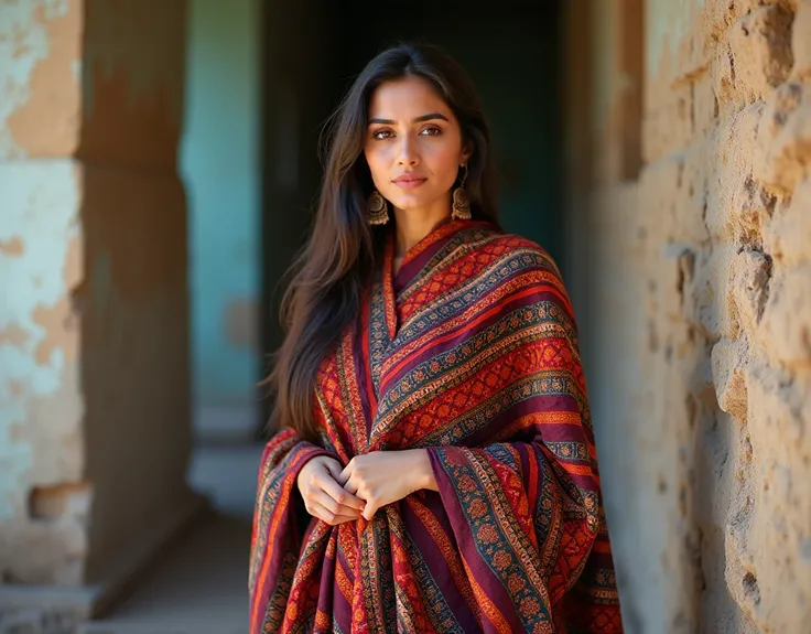 Sindhi women dress wearing ajrak which shows the heritage of Pakistan Sindh full photo of women which perfectly shows dupatta and girl should be in standing 