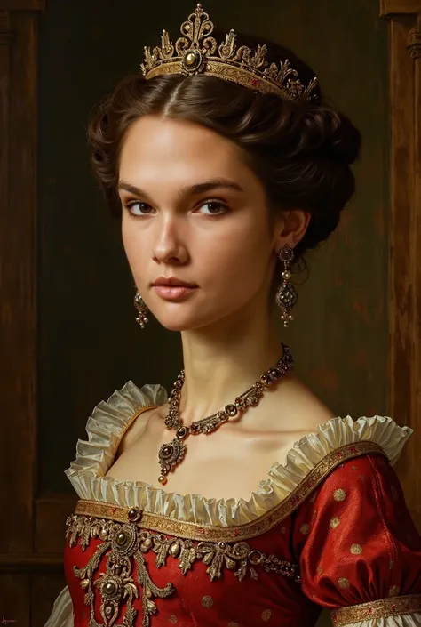 a young lady in the 13th century, medieval dress, beautiful detailed eyes, beautiful detailed lips, extremely detailed face, long eyelashes, detailed ornate clothing, jewelry, regal pose, dramatic lighting, renaissance painting, warm colors, chiaroscuro