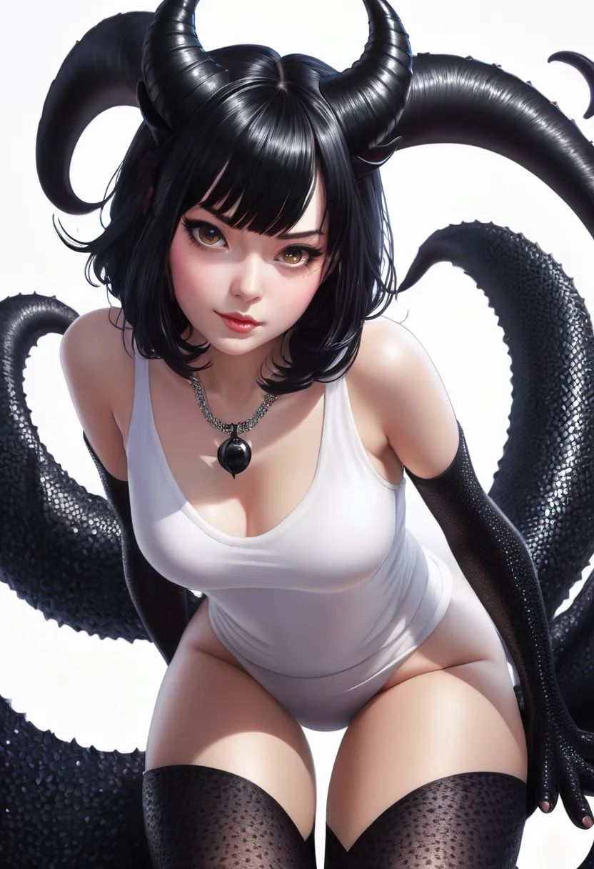 femme, queue de chat, black hair, demon horns, rolling eyes, oral invitation, envy, high detail, pointillism, ray tracing, wide-...