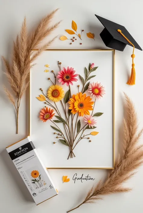 Help me create a set of materials to make paintings from dried flowers for graduation season: Note: -The main layout has a painting gift box and painting materials -Different flowers have bright colors, flowers must look dry and stick to the painting, dont...