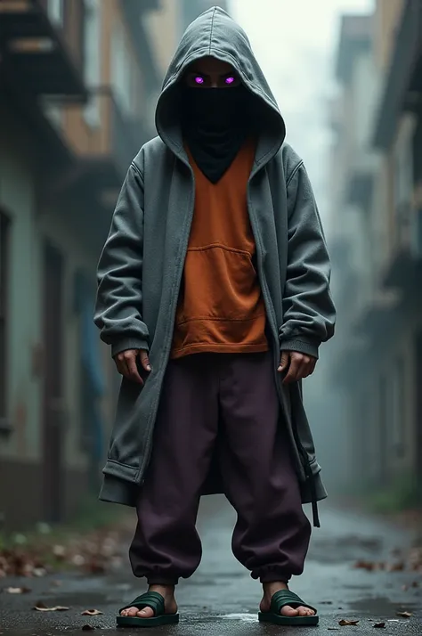  I want a male character in a gray hoodie covering his head,  black mask covering the mouth , purple eyes, orange prisoner shirt ,  purple brown pants and green sandal with black strap .