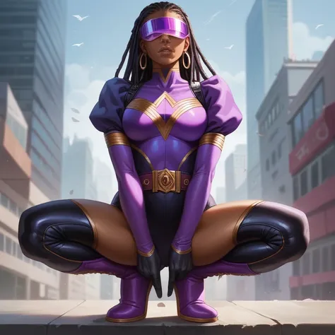  masterpiece ,  best quality ,  ultra high resolution , realistic leather texture,  an African-American girl , dreadlocks, belt, Alone, long hair, purple eyes, breasts,  looking at the viewer , purple hair,  black gloves,  black socks, Visor on the eyes pu...