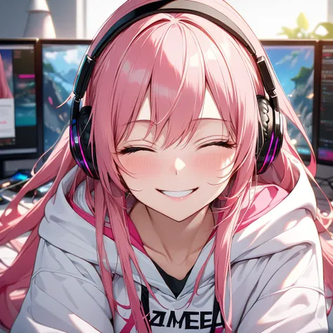 anime、((Amazingly absurd)),(masterpiece:1.2),超High resolution, Attention to detail, High image quality, High resolution, 最High image quality, 4K, 8k、hoodie with the word ((((zaimeth)))) written on it, pink hair, long hair, (((single)))headphones, beautiful...