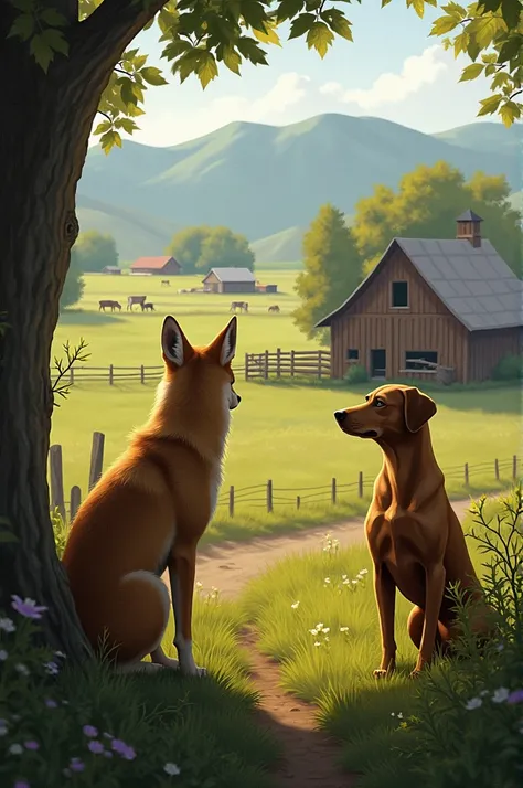 A coyote watching the farm from afar while a brown dog looks after the farm