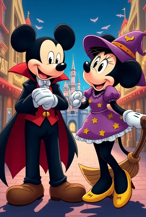 anime Style, poster, Mickey and Minnie are wearing fashionable costumes with Halloween motifs, the words "Disney" and "Halloween",Tokyo Disneyland park in the background.