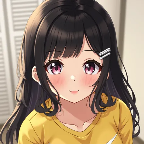 1girl, Looking at viewer, Blunt Bangs, Black Hair, Sidelocks, Long Hair, earings,Light Smile, POV, Close-Up, Wide-Angle, Hair Clip, Optical Illusion, Anime Style, C4D, UHD, Super Detailed, Masterpiece, dressed in a yellow sweatshirt Best Quality, 3D Render...