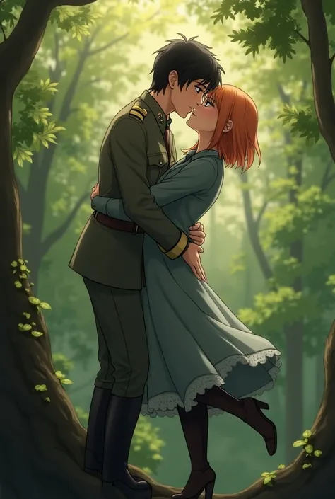 petra ral with short shoulder-length light ginger hairs swept to the left side and has  amber colored eyes, with captain levi has  black hairs and dark blue eyes, levi and petra are wearing survey corps uniform, levi lift petra in his arms and kisses tende...