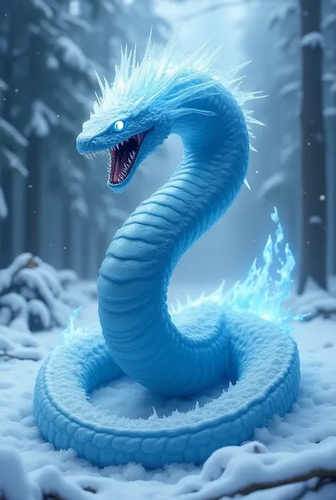 A large ice cobra twisted into a ball and looking hostile. Shes spewing icy flames. It is located on the edge of a snowy forest