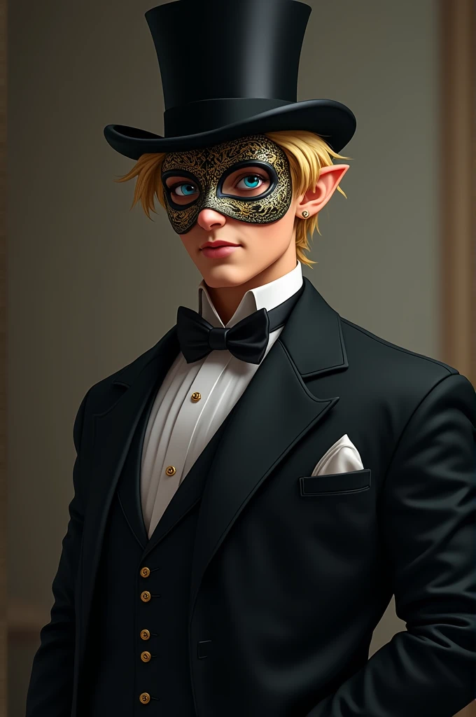  Tall half-elf man wearing a black top hat ,  blond hair and wearing a mask with gold details where only his blue eyes can be seen,  has a cheerful and formal face , He wears an elegant black suit 