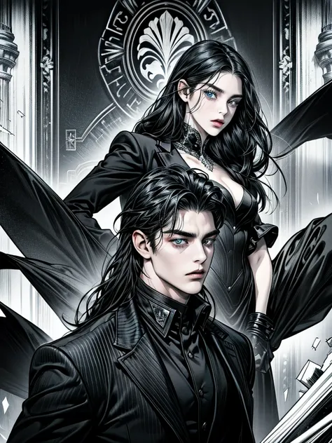 (a cool boy with black hair, black eyes and wearing black suit and a girl with white long hair, blue eyes are lover