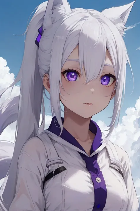 female, White hair,  eyes mixed with sky blue and purple, white fox ,  droopy piercing in the fox ear ,  ponytail, 