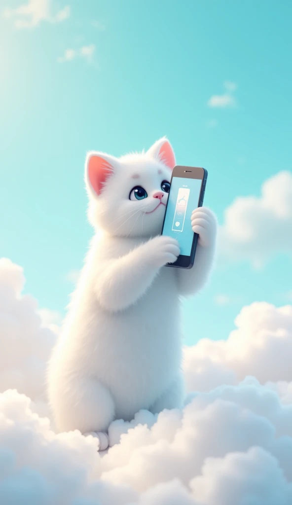 "Draw a picture of a white kittens paw, holding a smartphone with a low battery symbol on the screen. The paw is fluffy with white fur, and the background is a dreamy cloudy sky, giving the impression that the paw is reaching down from above. The low batte...