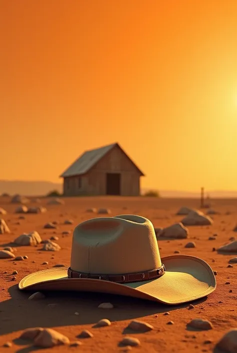 Make only the cowboy hat in the desert and on the ground with the orange sky with a barn in the background